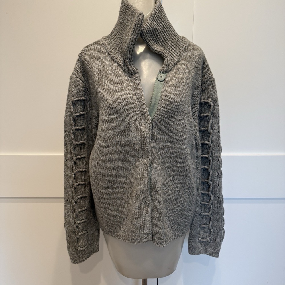 Sundance Lambswool Chunky Knit Cardigan Sweater Gray XL Funnel Neck Boho